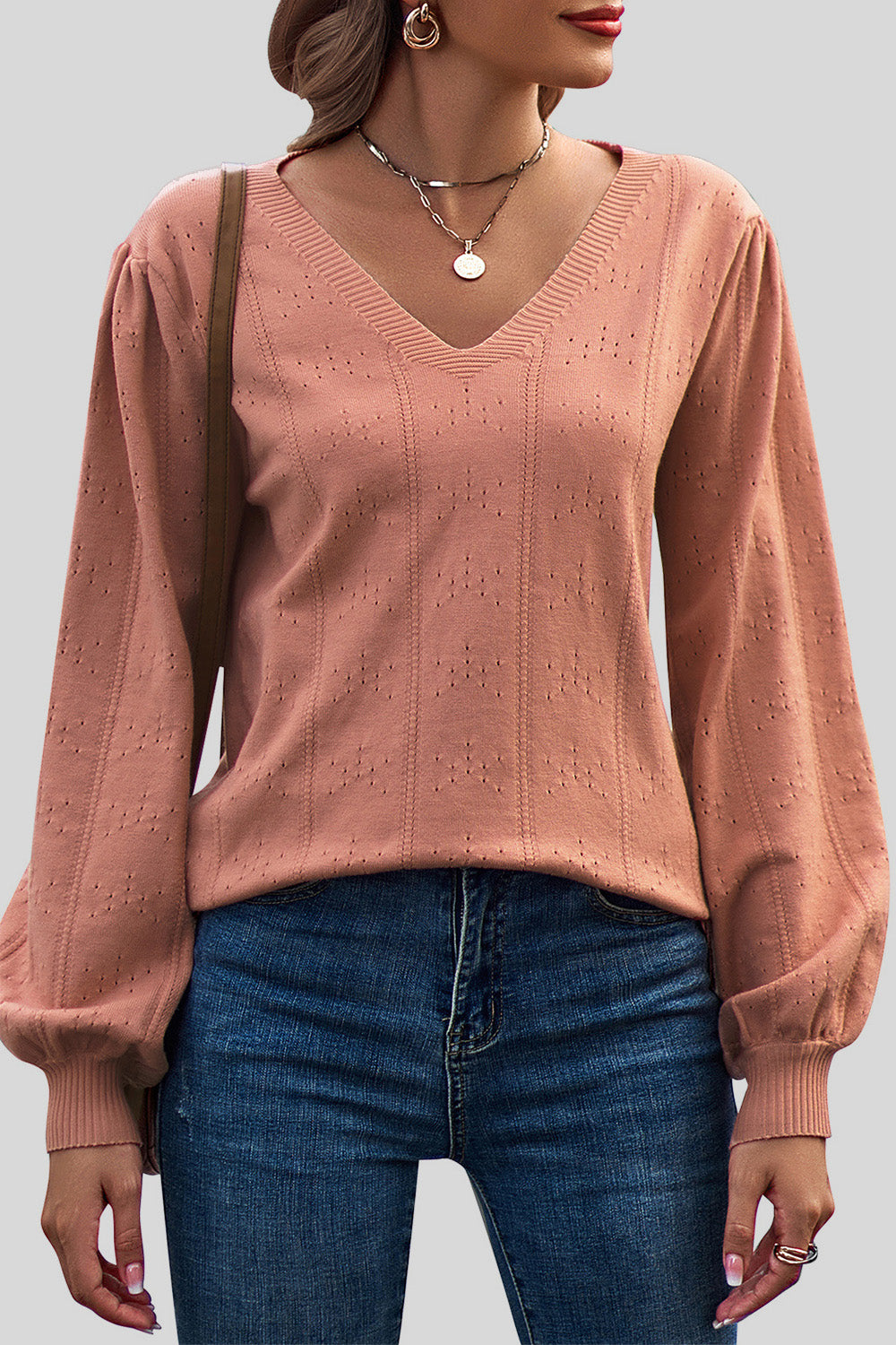 Eyelet V-Neck Lantern Sleeve Sweater 