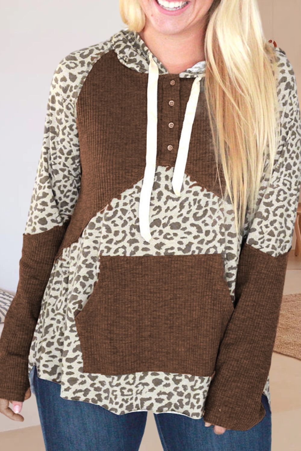 Drawstring Leopard Long Sleeve Hoodie 