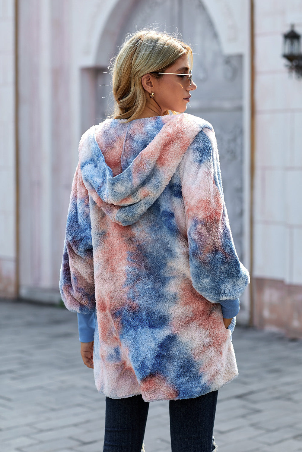 Tie-Dye Plush Hooded Jacket with Pockets 