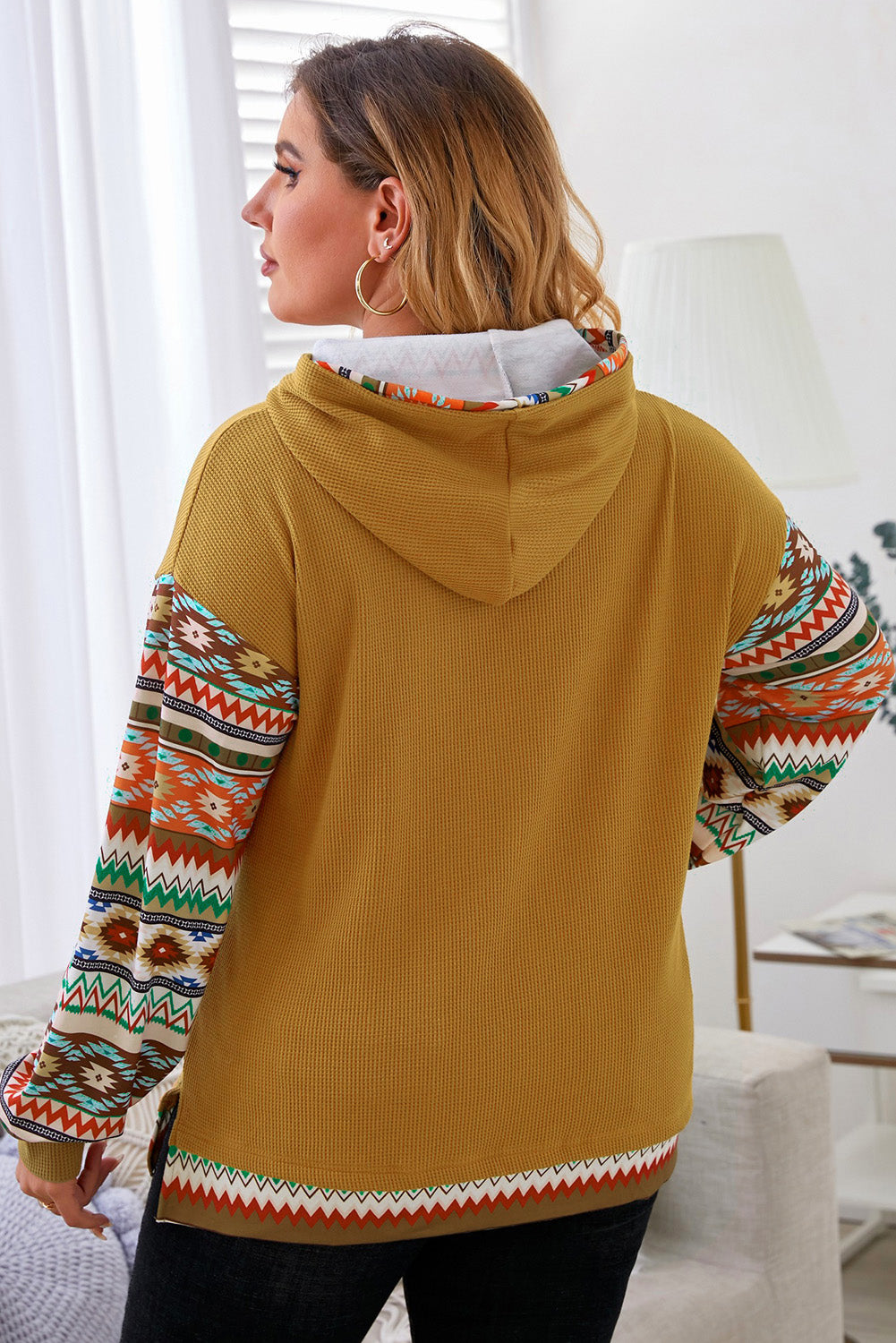 Plus Size Waffle-Knit Geometric Dropped Shoulder Hoodie 