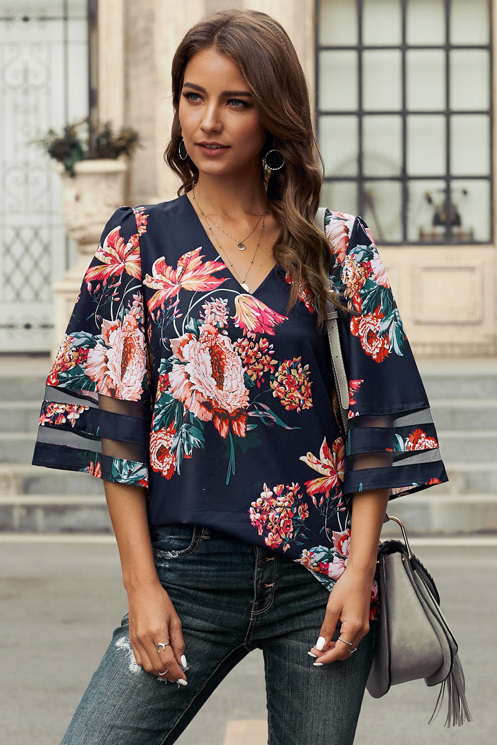 Printed Flare Sleeve Top - Babbazon Tops