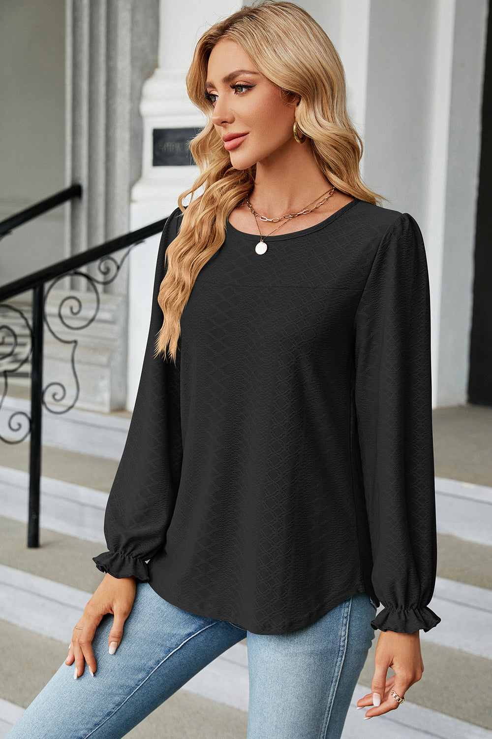 Round Neck Flounce Sleeve T-Shirt 