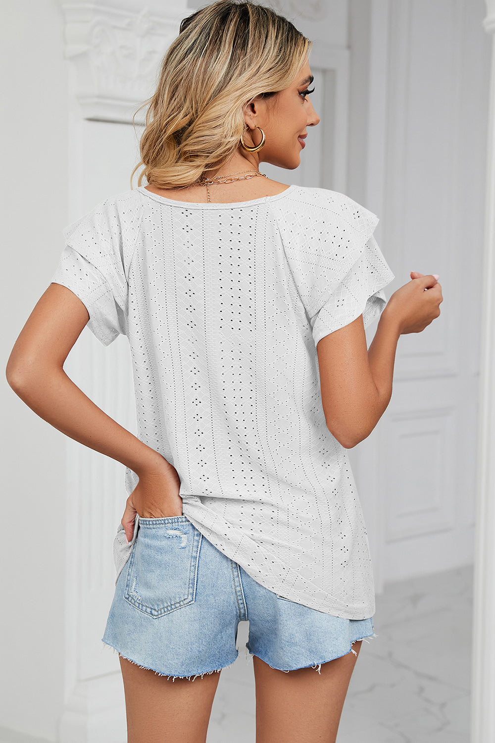 Eyelet V-Neck Short Sleeve T-Shirt 