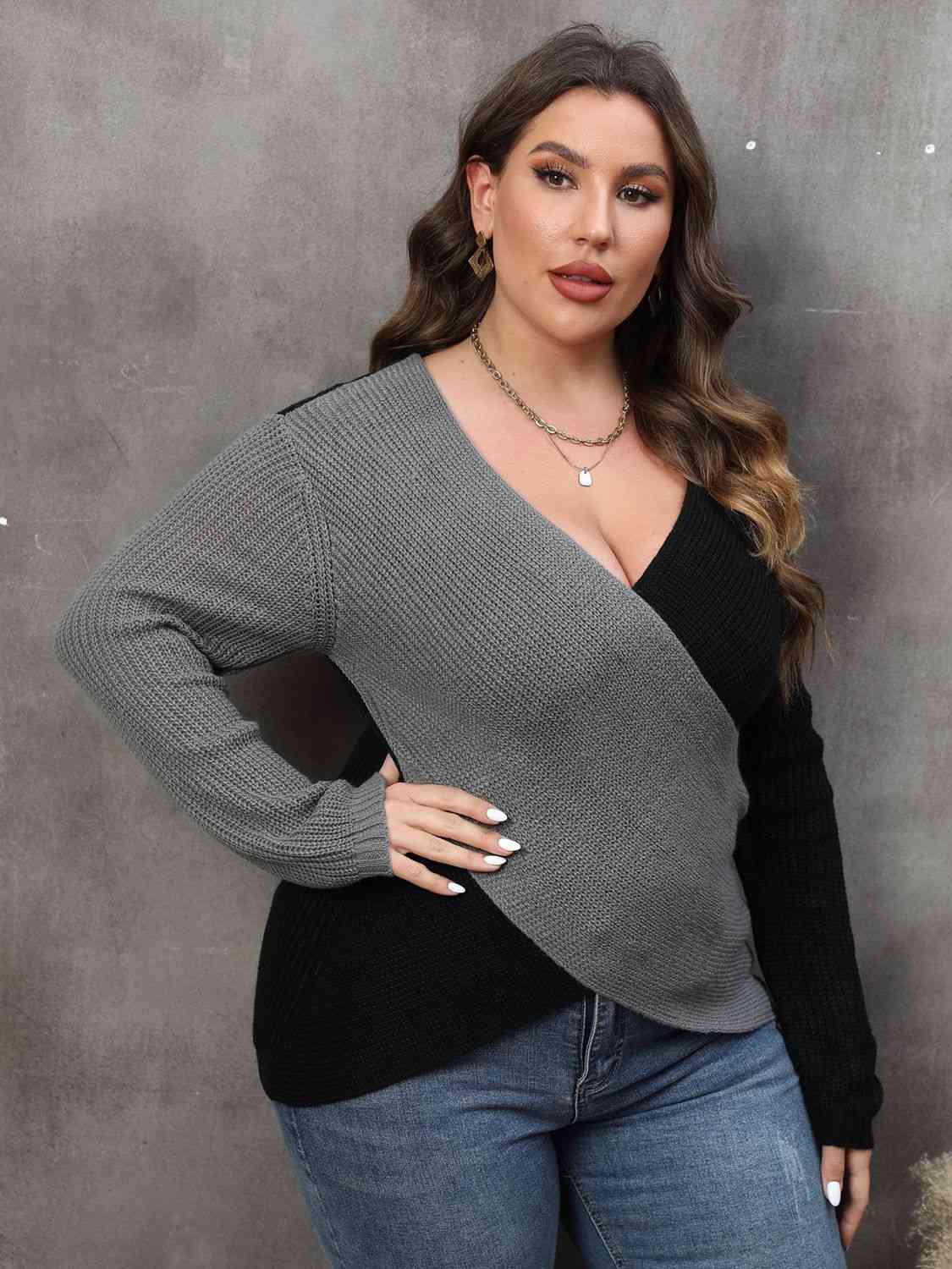 Plus Size Two-Tone Surplice Neck Sweater 