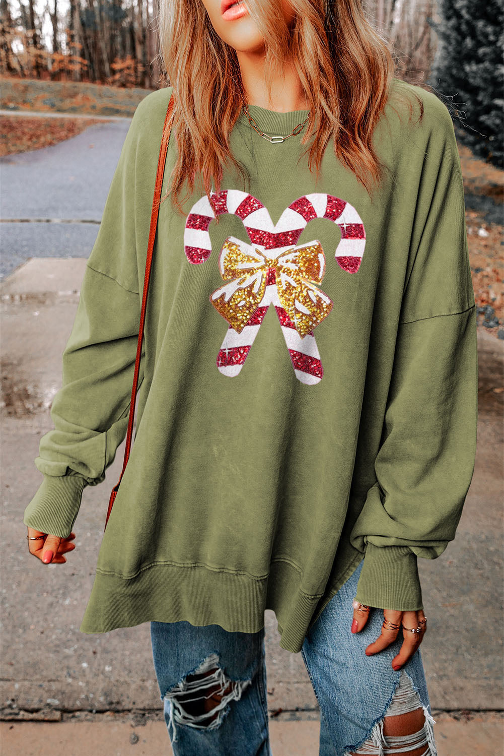 Sequin Candy Cane Round Neck Slit Sweatshirt - Babbazon Tops