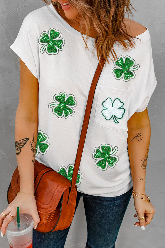 Sequin Lucky Clover Boat Neck T-Shirt - Babbazon Camisole