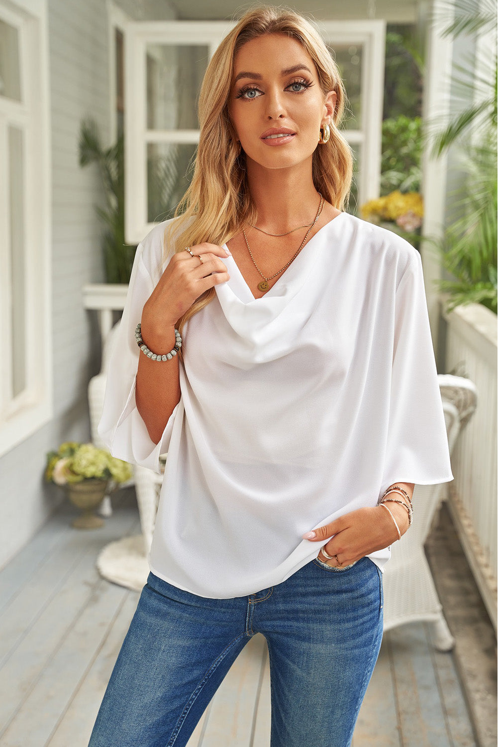 Short Sleeve Draped Blouse - Babbazon blouse