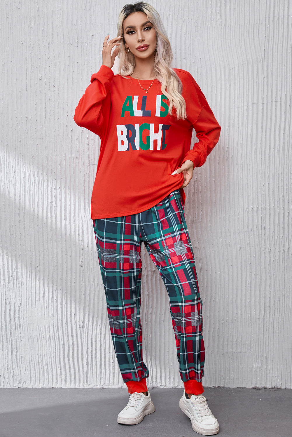 ALL IS BRIGHT Round Neck Top and Plaid Pants Lounge Set 