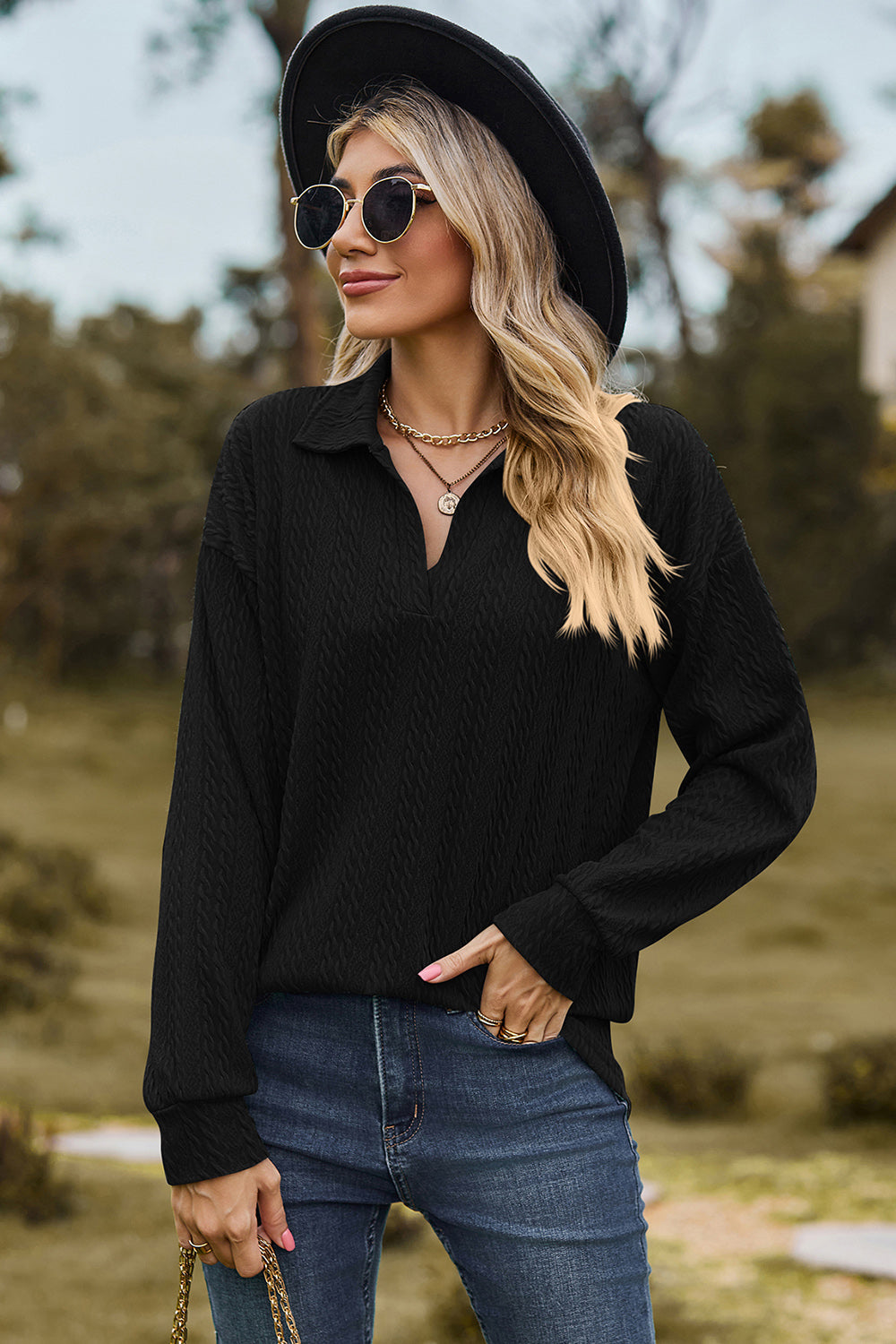 Johnny Collar Dropped Shoulder Blouse 