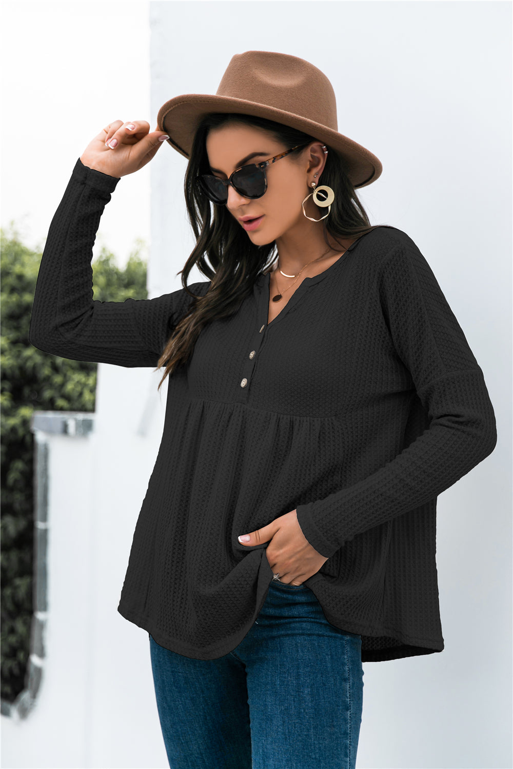 Button Front Waffle Knit Babydoll Top 