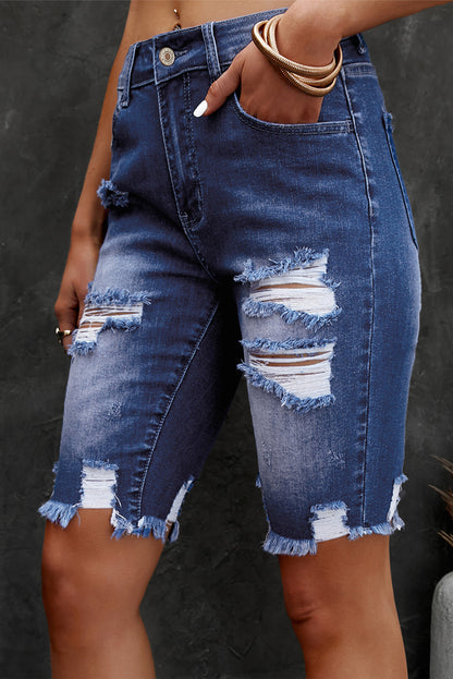 Distressed Frayed Hem Denim Bermuda Shorts 