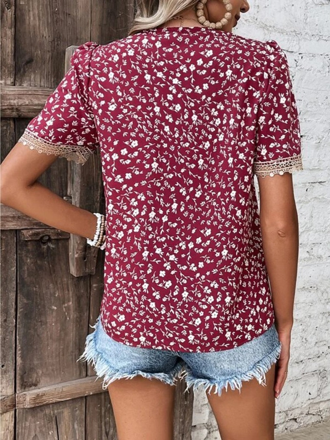 Full Size Printed V-Neck Short Sleeve Blouse 