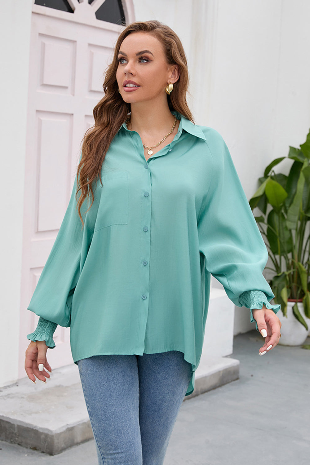 High-Low Collared Neck Lantern Sleeve Shirt 