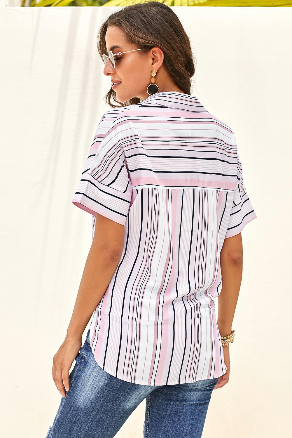 Striped Collared Neck Button-down Pocketed Top 