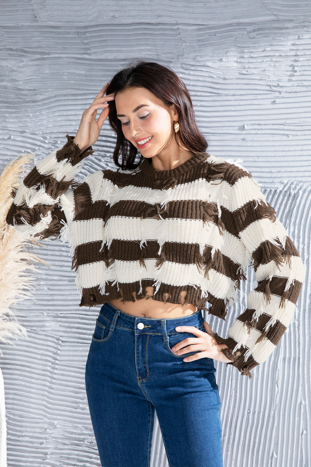 Striped Fringe Round Neck Sweater 