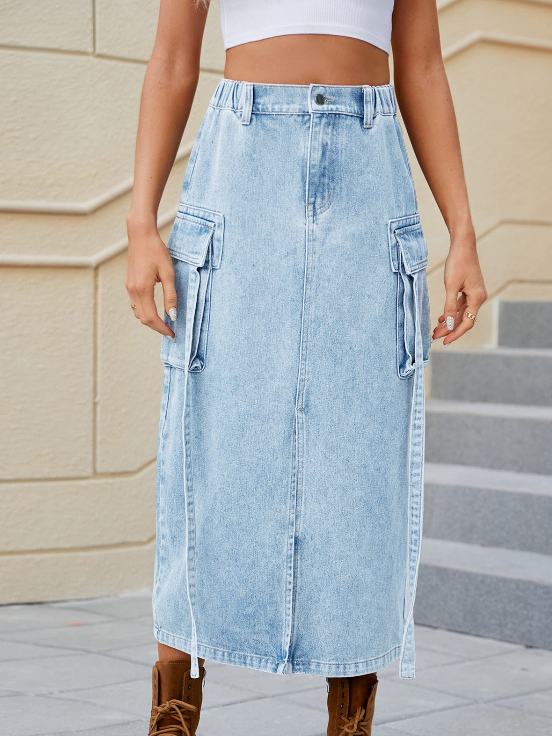 Slit Pocketed High Waist Denim Skirt 