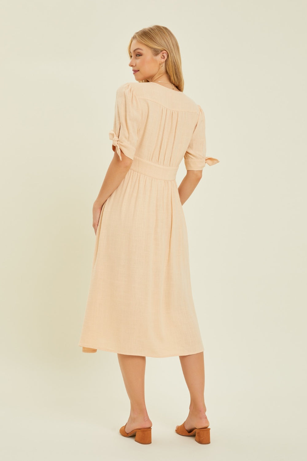 HEYSON Full Size Textured Linen V-Neck Button-Down Midi Dress 