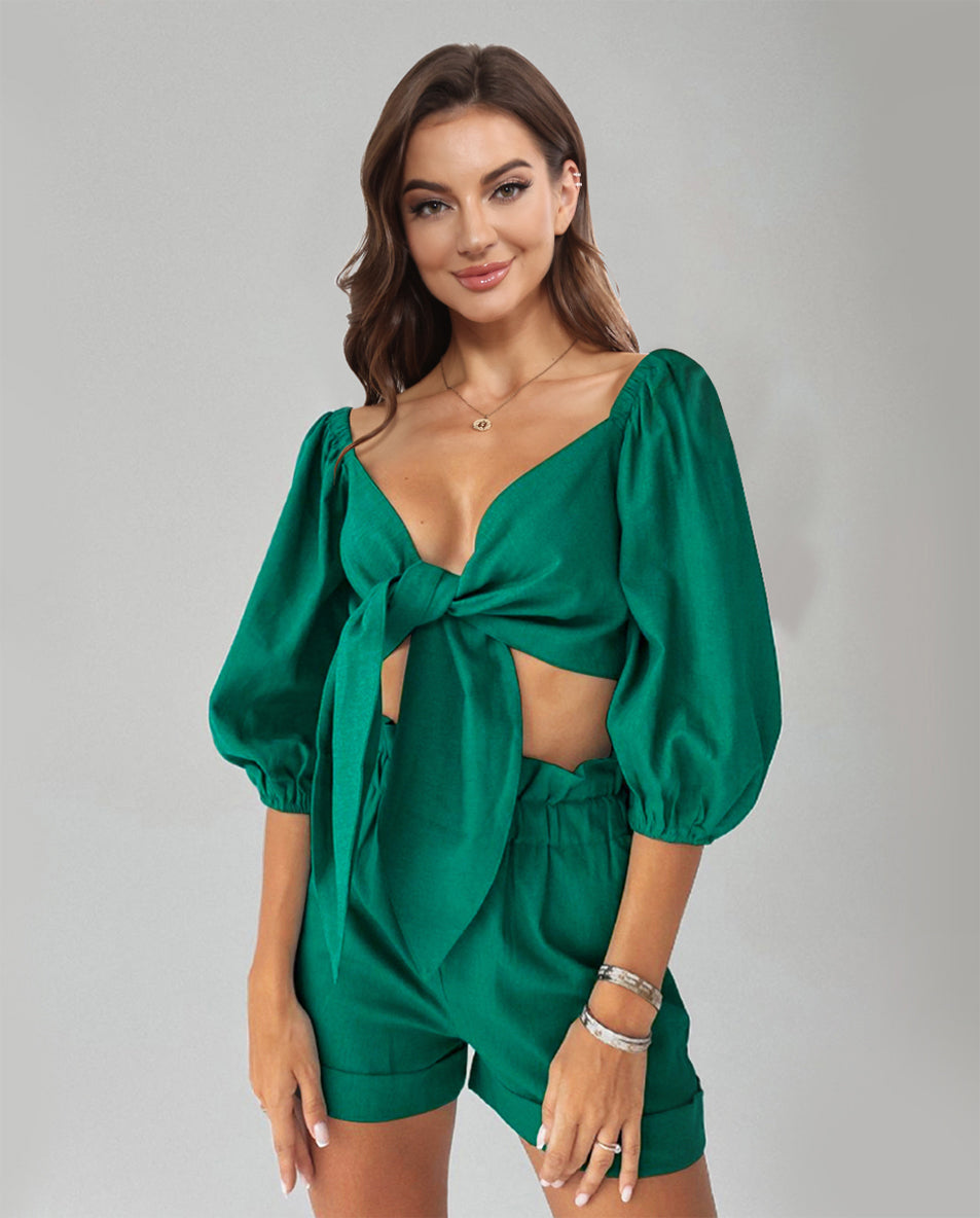 Cutout Puff Sleeve Top and Shorts Set 