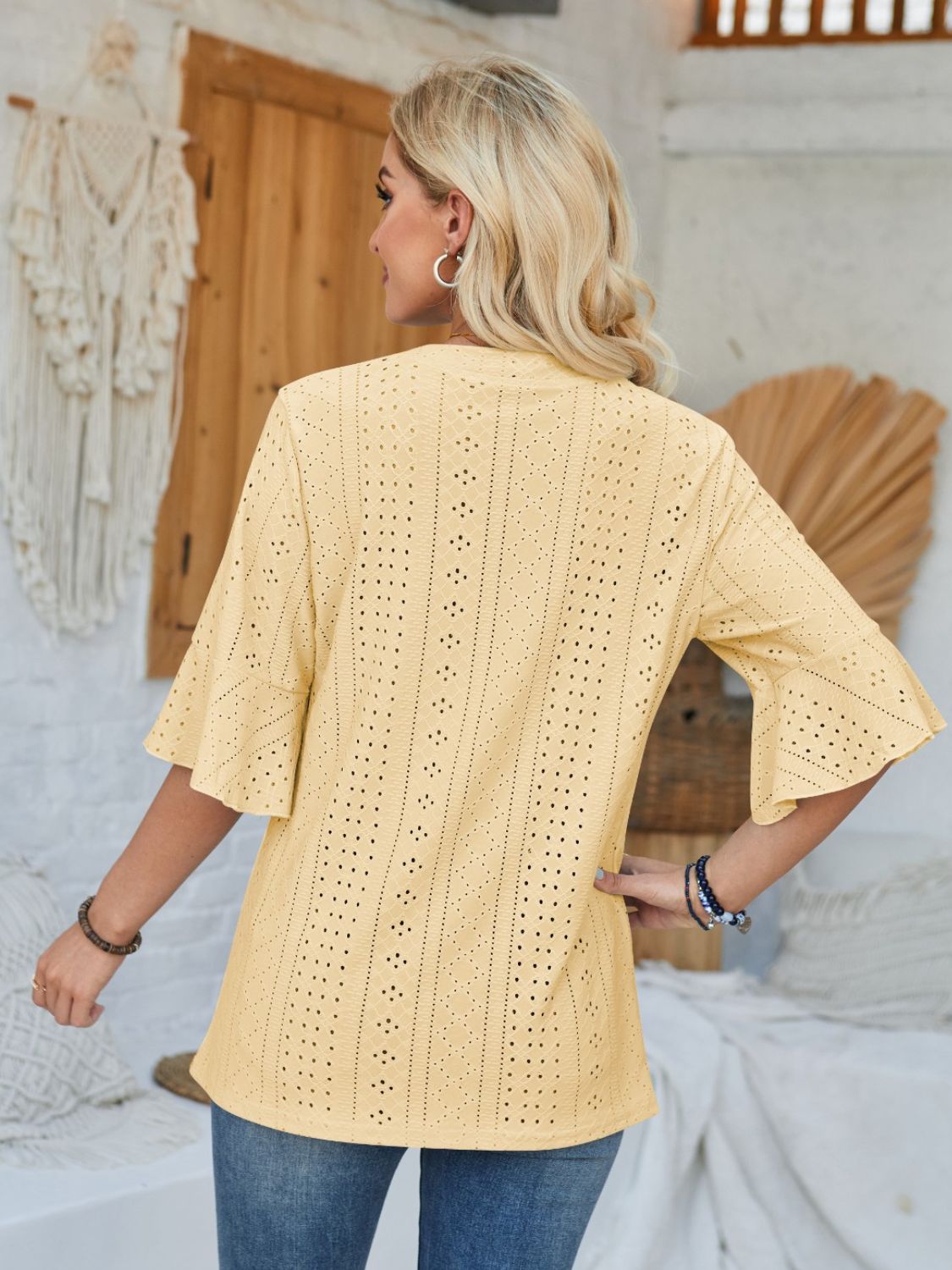 Eyelet Notched Half Sleeve T-Shirt 