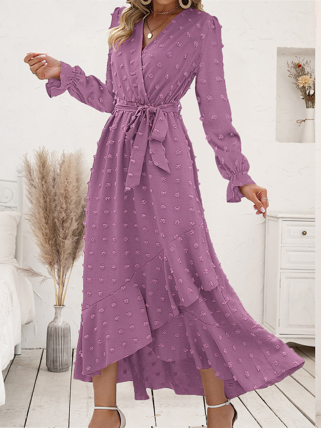 Swiss Dot Tie Waist Flounce Sleeve Dress 