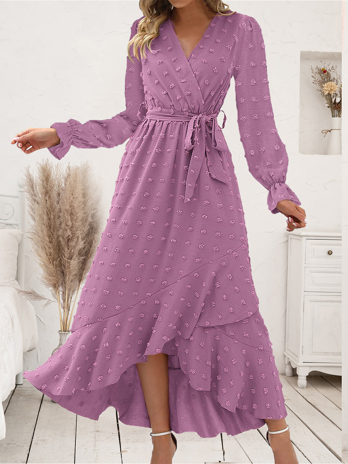 Swiss Dot Tie Waist Flounce Sleeve Dress 