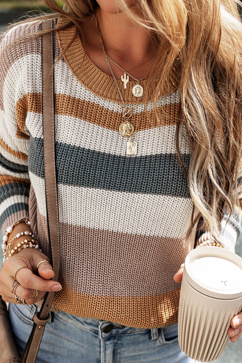 Striped Round Neck Dropped Shoulder Sweater 