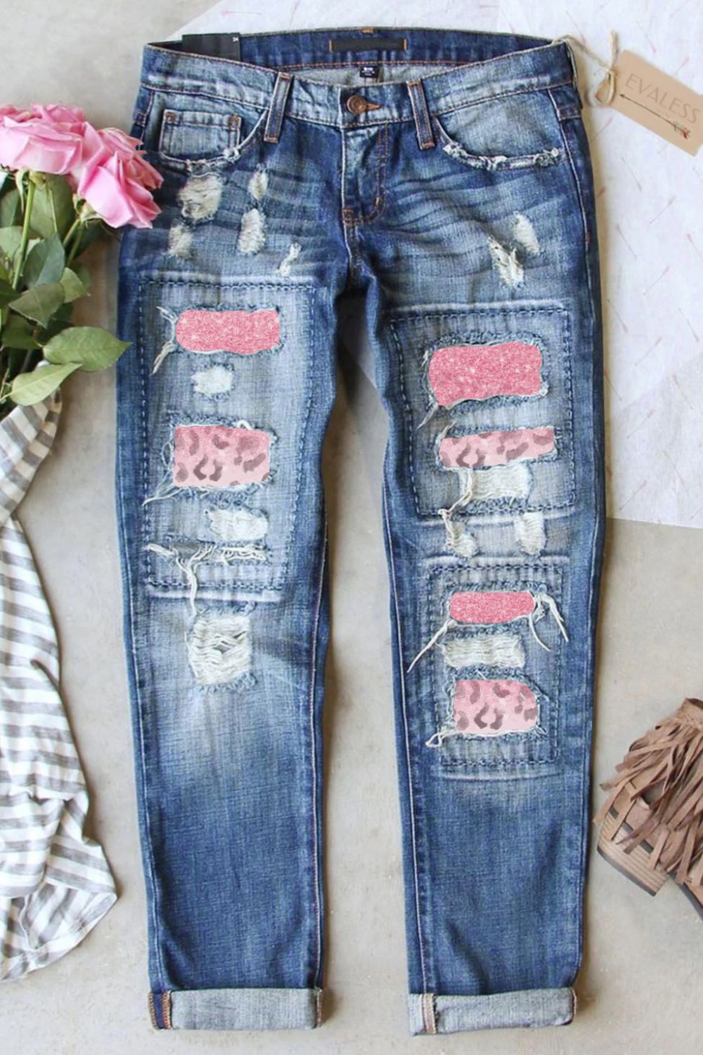 Leopard Patch Distressed Straight Leg Jeans - Babbazon Sparkly Clothes