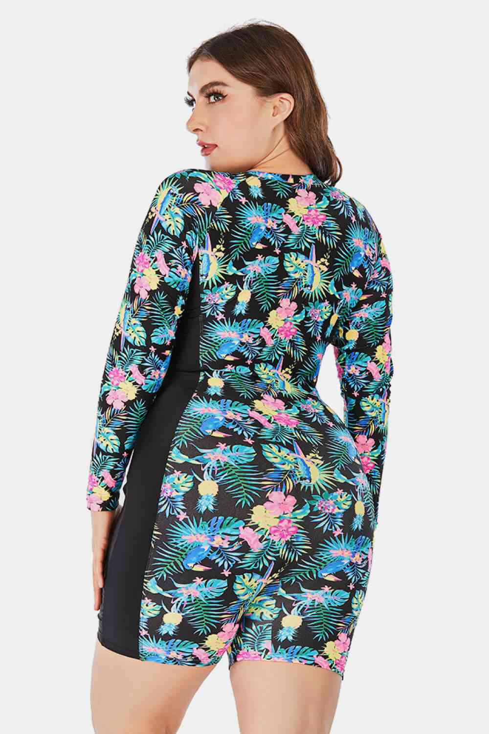 Plus Size Floral Zip Up  Long Sleeve Short Wetsuit 