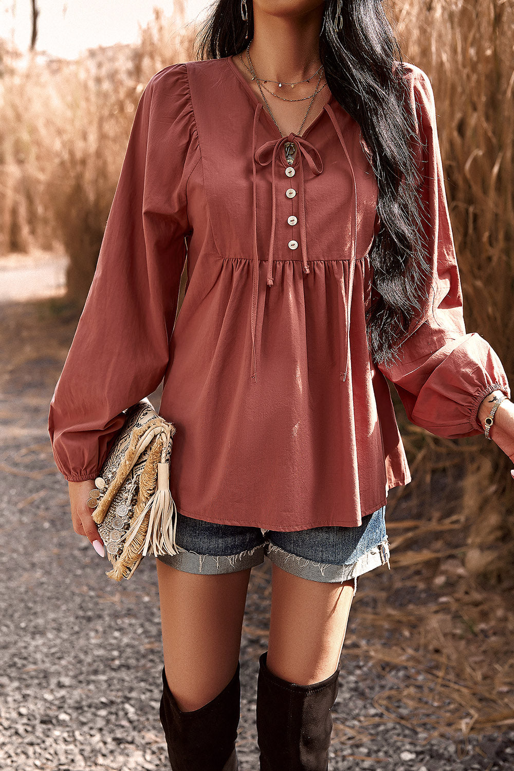 Tied Decorative Button Balloon Sleeve Blouse 