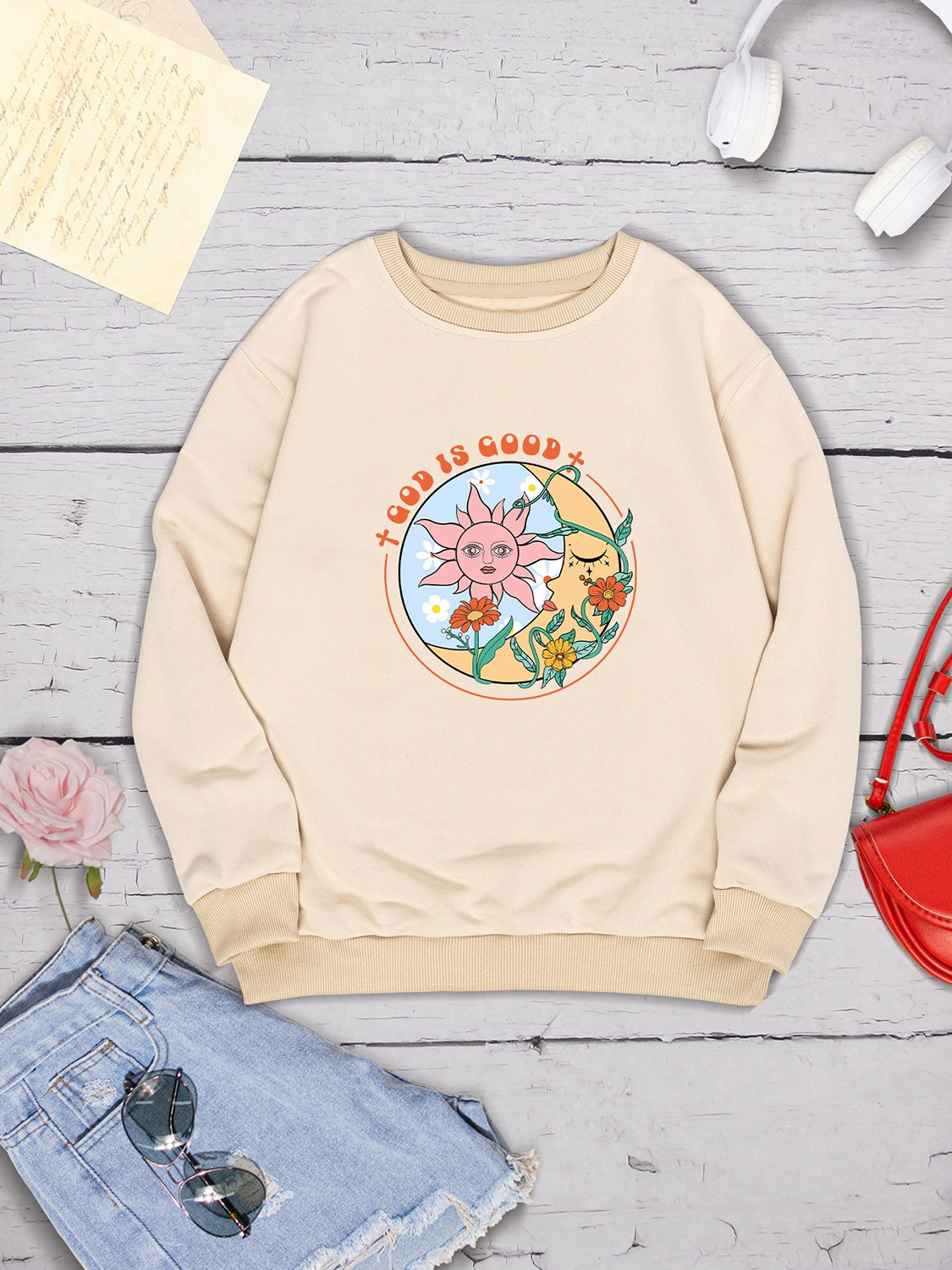 Graphic Round Neck Dropped Shoulder Sweatshirt