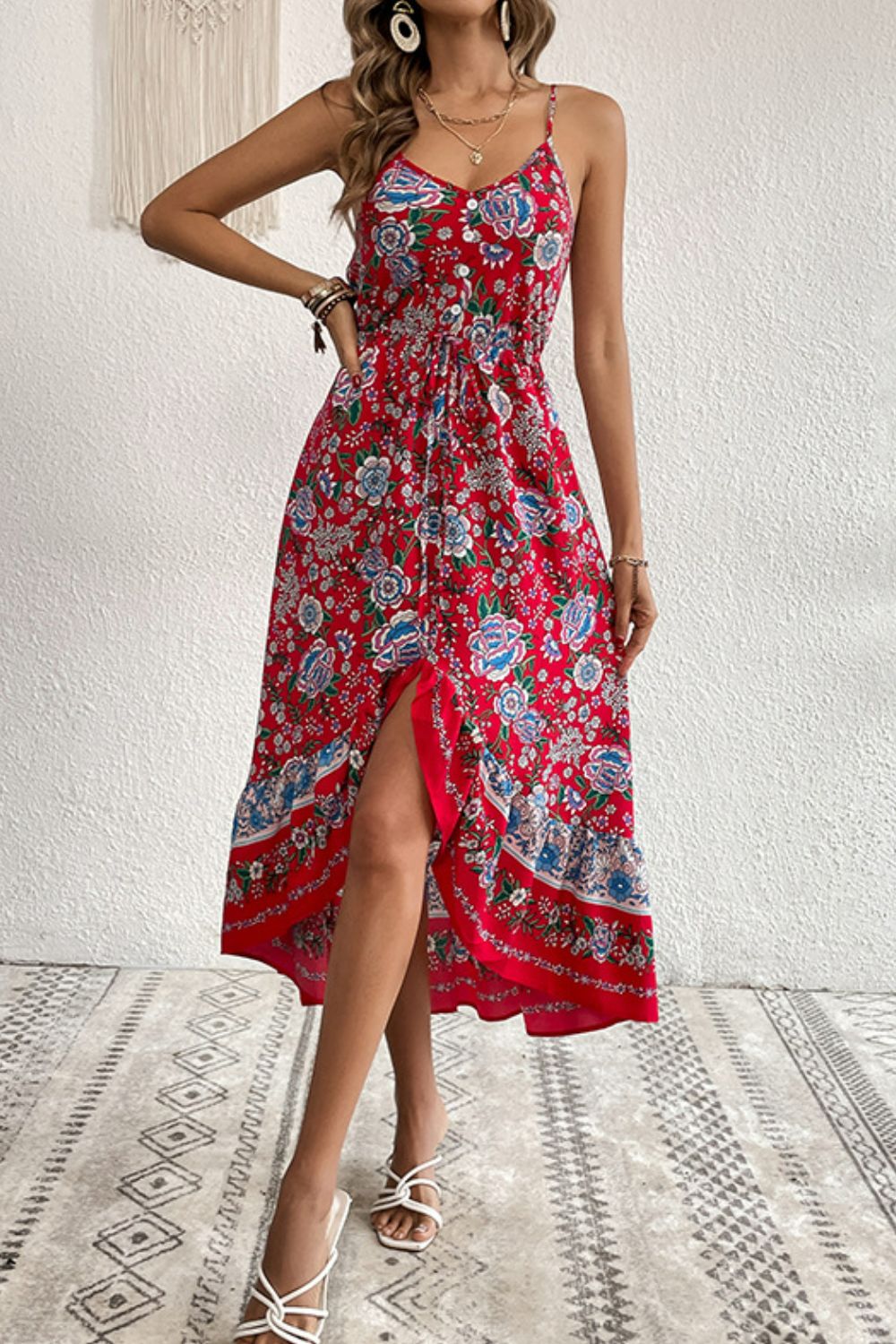 Bohemian Decorative Button Spaghetti Strap Dress 