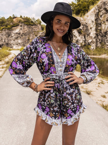 Printed Frill Half Button Balloon Sleeve Romper 