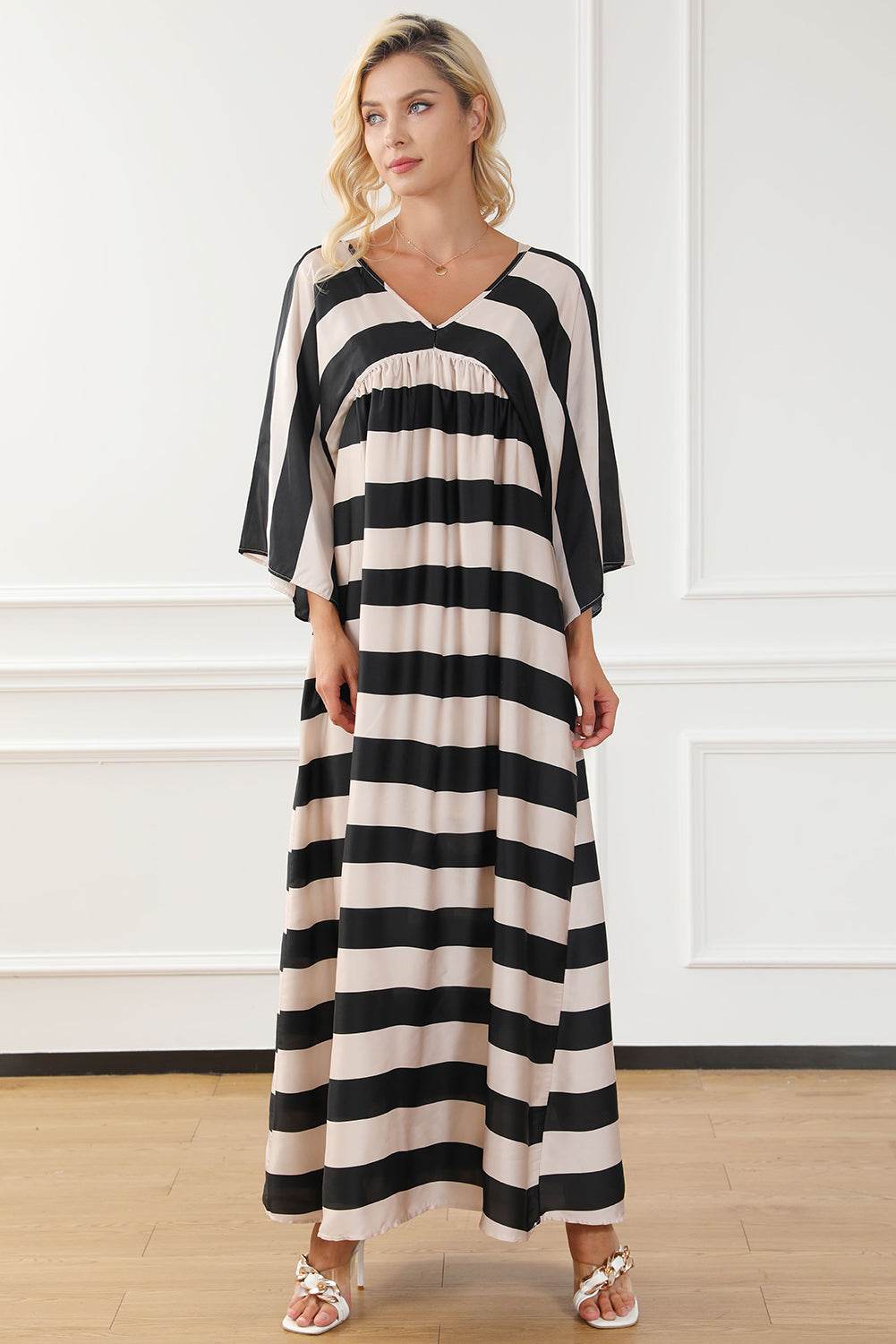 Striped V-Neck Ruched Dress 