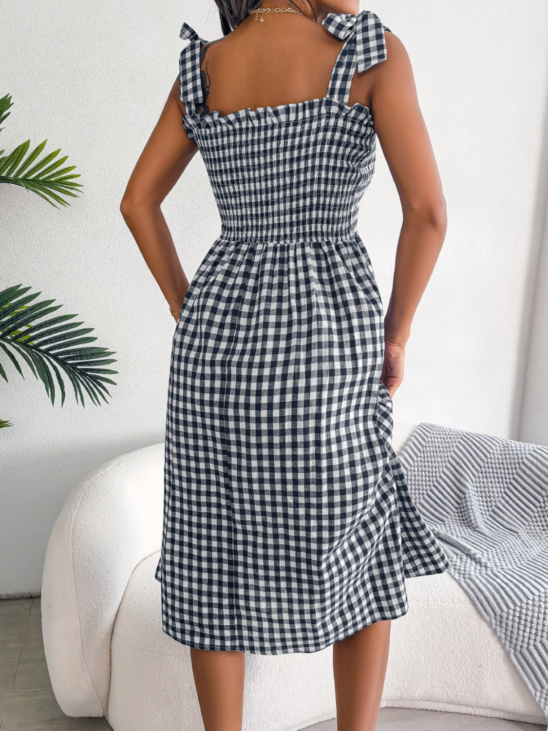 Frill Plaid Square Neck Midi Dress 