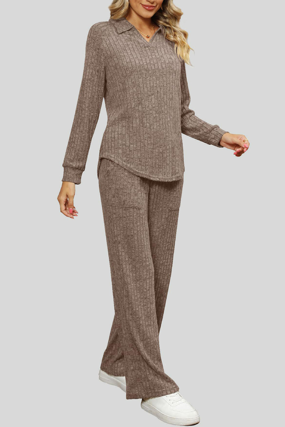 Ribbed Long Sleeve Top and Pocketed Pants Set 