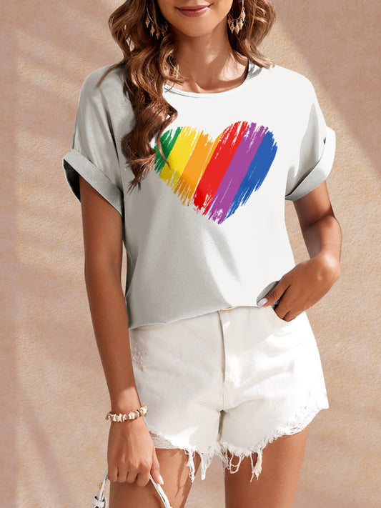 Heart Round Neck Short Sleeve T-Shirt 