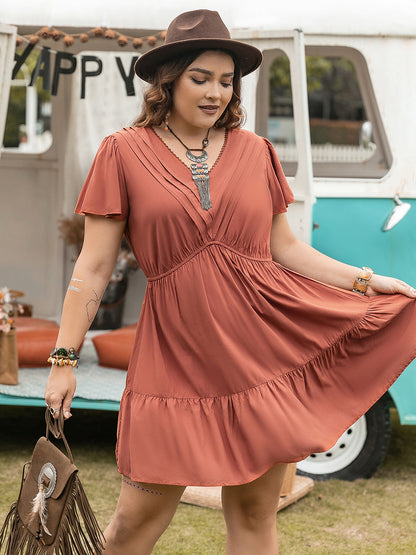 Double Take Plus Size Ruffle Hem V-Neck Short Sleeve Dress 