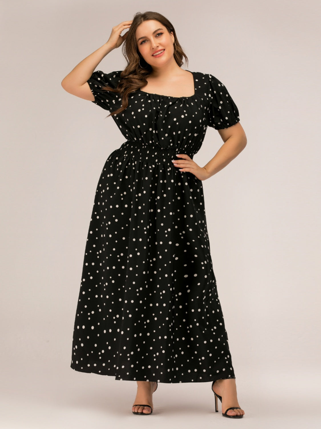 Plus Size Polka Dot Square Neck Dress 