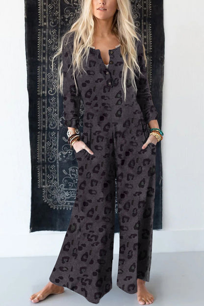 Leopard Buttoned Wide Leg Jumpsuit 