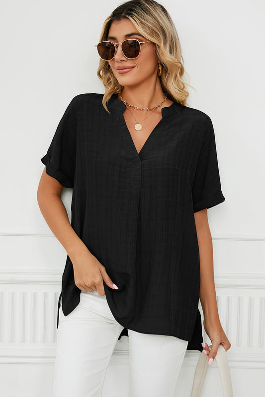 Ruched Notched Short Sleeve Blouse - Babbazon Camisole