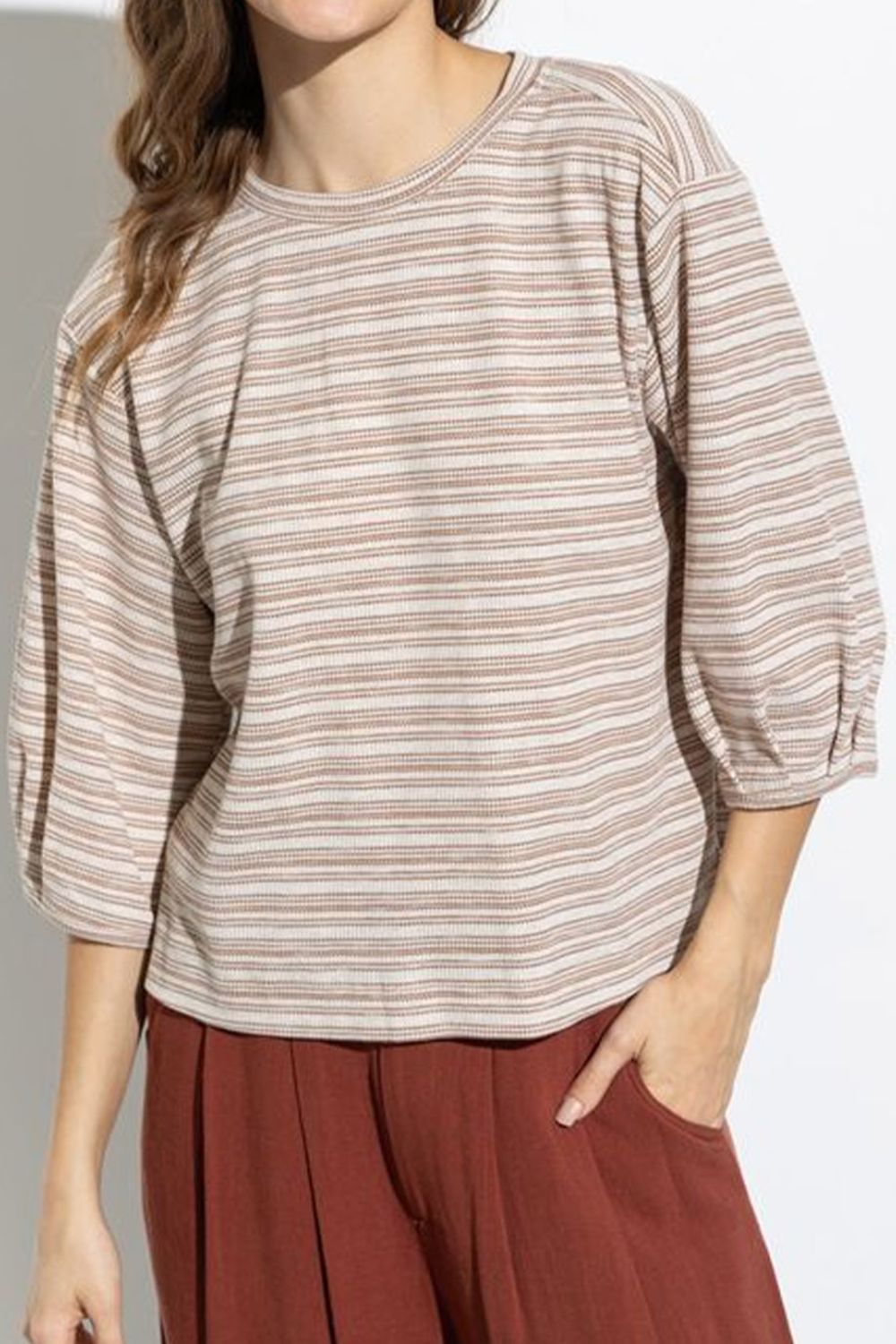 Striped Round Neck Buttoned Back T-Shirt 