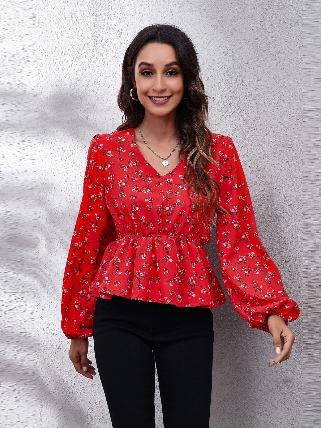 Floral V-Neck Balloon Sleeve Peplum Blouse 