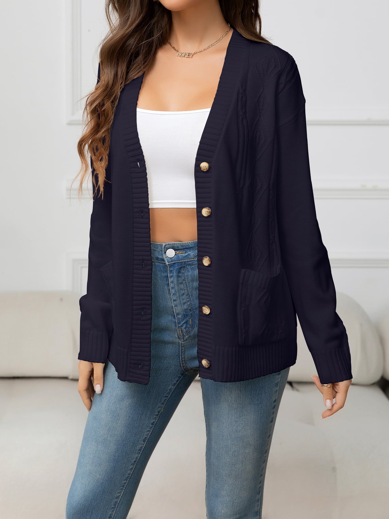 V-Neck Long Sleeve Buttoned Knit Top with Pocket 