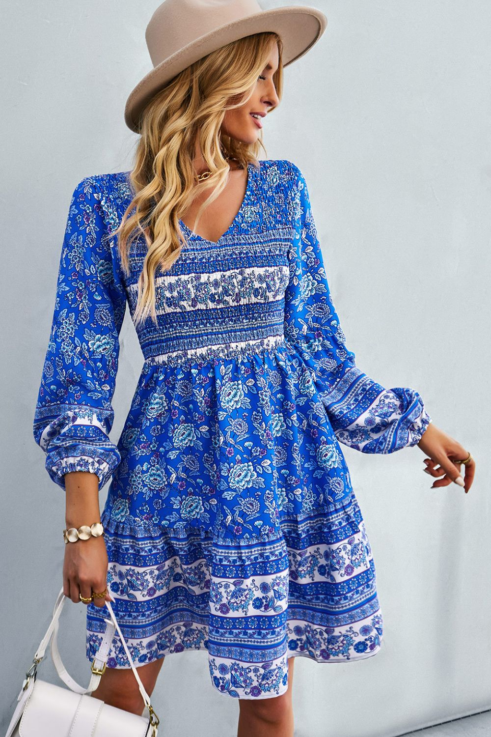 Bohemian V-Neck Balloon Sleeve Dress 