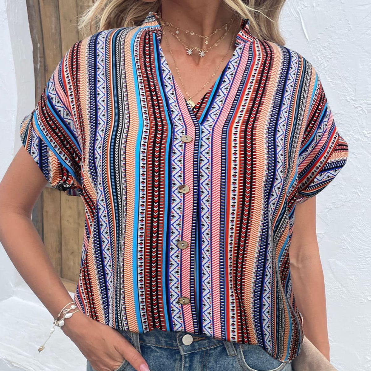 Multicolored Stripe Notched Neck Top 