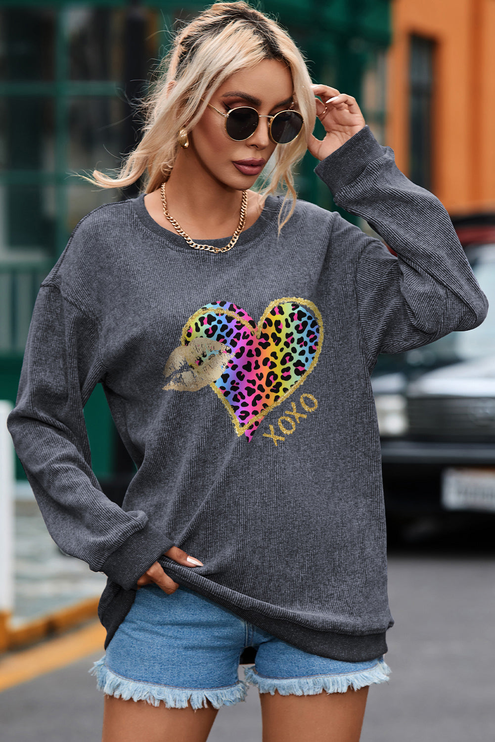 XOXO Leopard Round Neck Sweatshirt - Babbazon sweatshirt