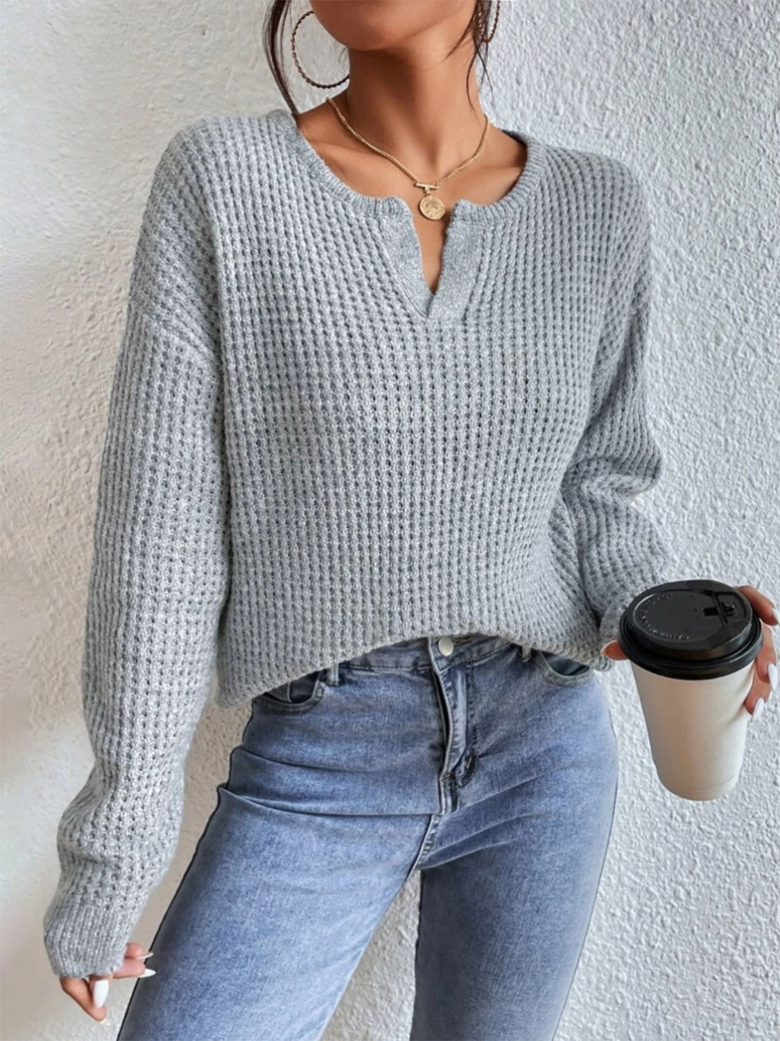 Notched Dropped Shoulder Sweater