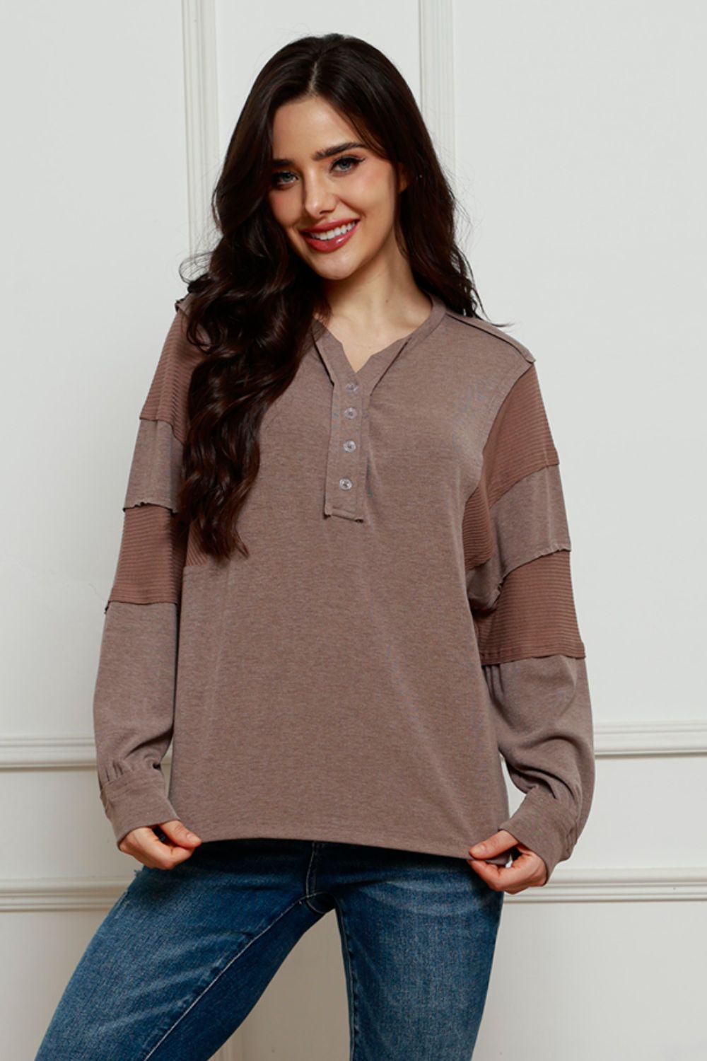 Waffle Buttoned Long Sleeve Top 