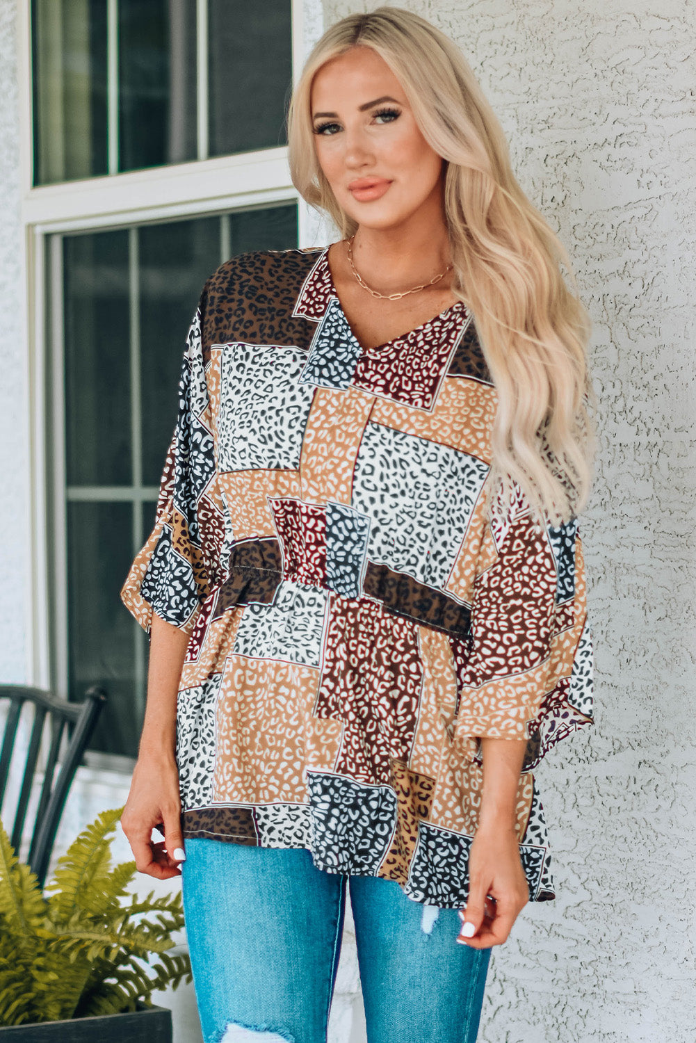 Leopard Patchwork V-Neck Top 