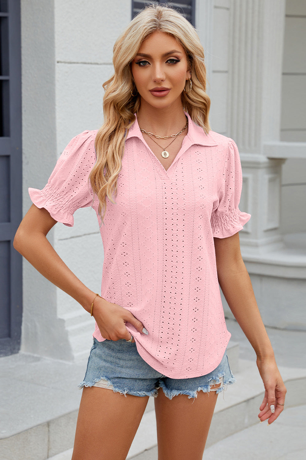 Eyelet Johnny Collar Short Sleeve Blouse 